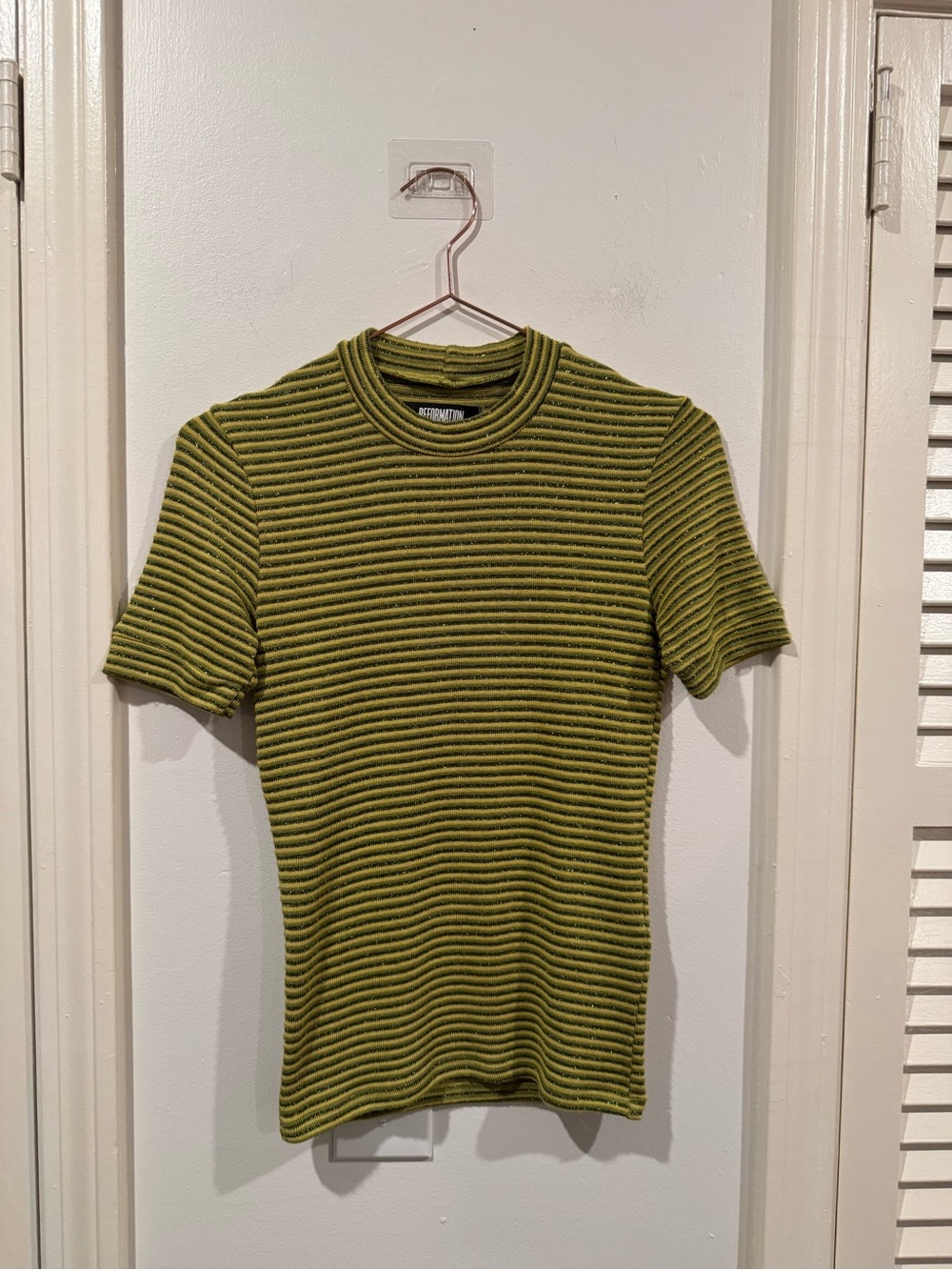 Reformation Green Metallic Knit Stripe Short Sleeve Fitted Shirt Top